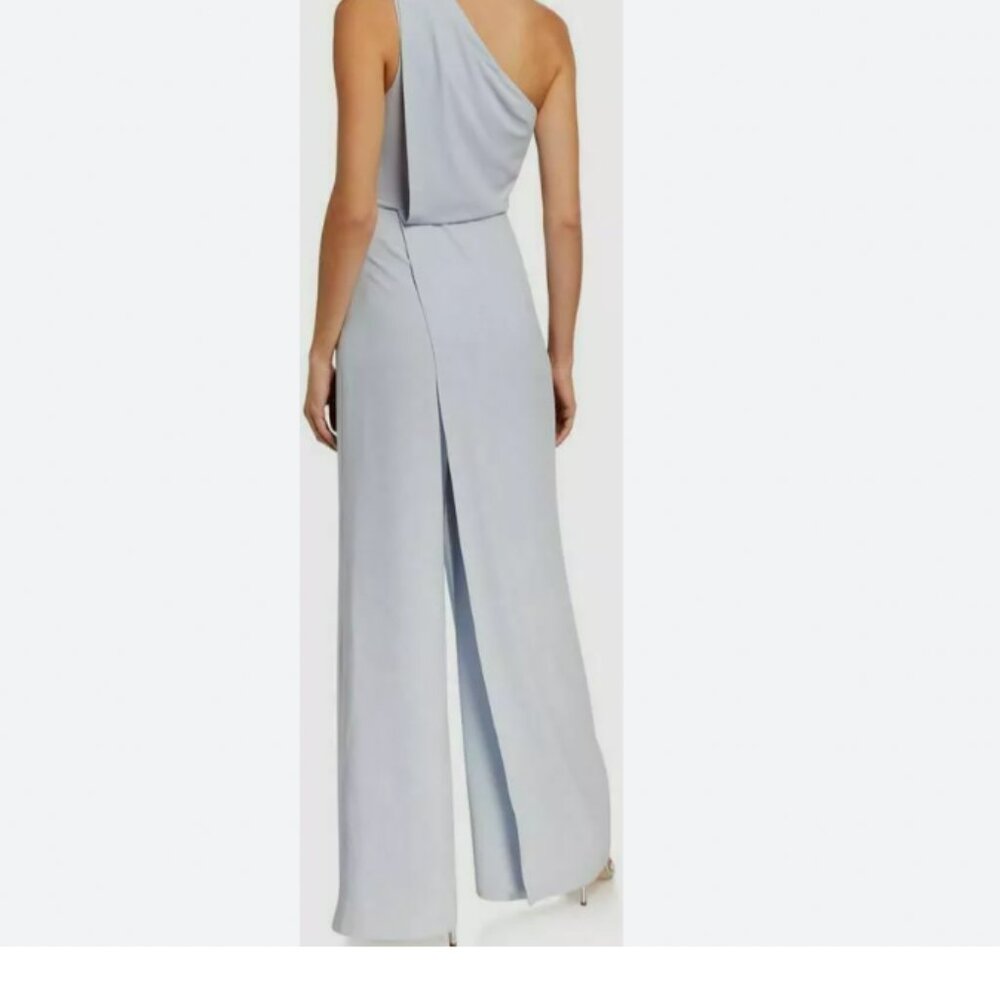 Halston Heritage Draped One-Shoulder Jumpsuit In Blue Breeze Feminine Minimalist